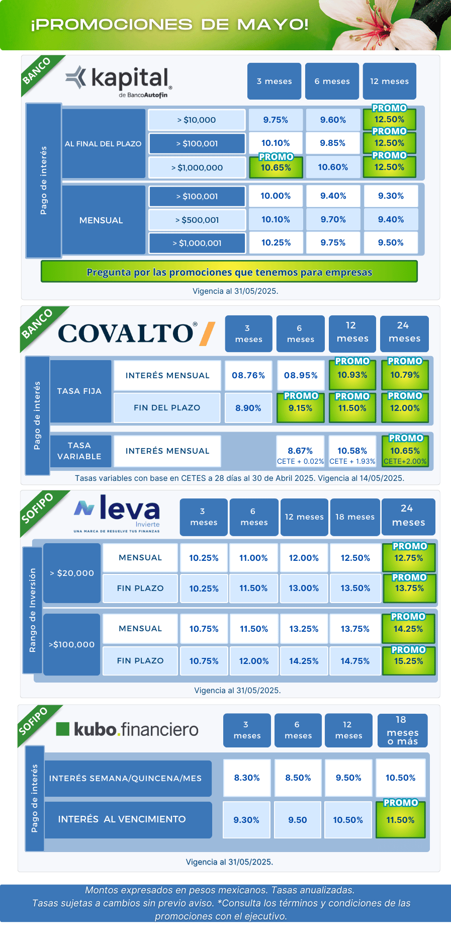Tasas, plazos e instituciones financieras